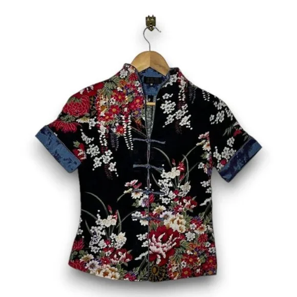 Womens Cotton Linen Short Sleeve Chinese Shirt with Flower Print Size M - Picture 11 of 16